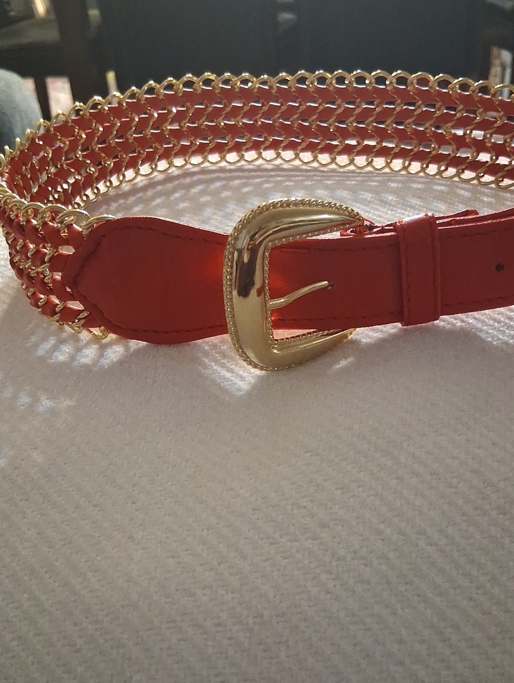 Red Chain-Link Waist Belt with Gold Buckle